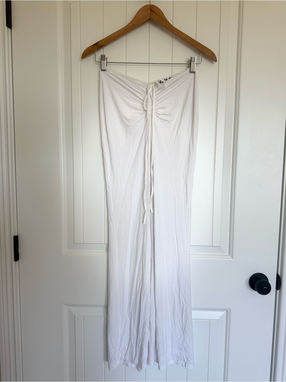 I.AM.GIA White Ruched Maxi Skirt Drawstring Front Ribbed Boho Coastal Aesthetic
